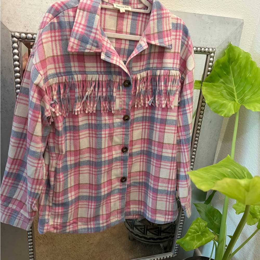 Vanilla Bay Pink Blue Plaid Fringe Button-Down Shirt